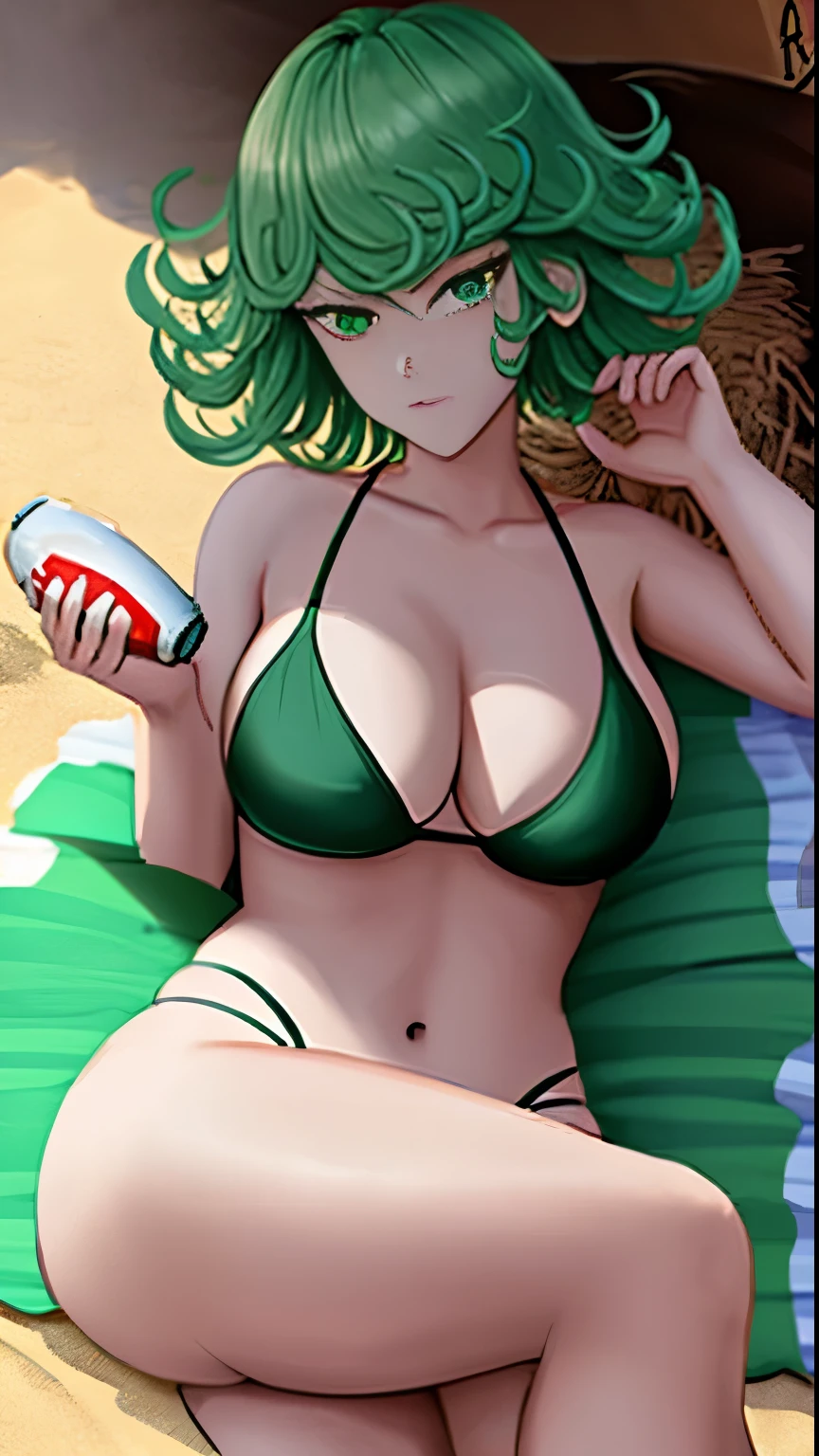 Anime girl lying on a bed with a bottle of beer, Tatsumaki de One Punch Man, Tatsumaki, Tatsumaki with curly green hair, in a beach, High quality fanart, on the beach, Trends in ArtStation Pixiv, Guweiz and Pixiv Artstation, Highly detailed exquisite fanart, Extremely detailed artgerm, Arte Zerochan,tight bikini,seated,crossed legs.