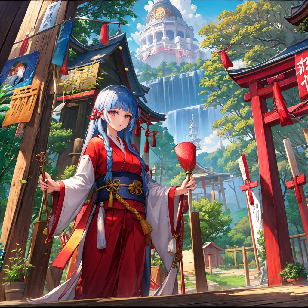 ((Highest quality)), ((masterpiece)), (detailed), Multiple women, Panorama、Amazing visuals、Lake and forest in the background、An old and pure shrine maiden and a young shrine maiden.、Master and Apprentice、The master teaches the dance to his disciple、Mysterious Scenery、A fairy-like shrine maiden、A girl with beautiful long silver hair、Delicate use of colour、A rich expression、Dancing Shrine Maiden、Golden Eyes、Iridescent iris、Angel&#39;s Ladder Falling from Heaven