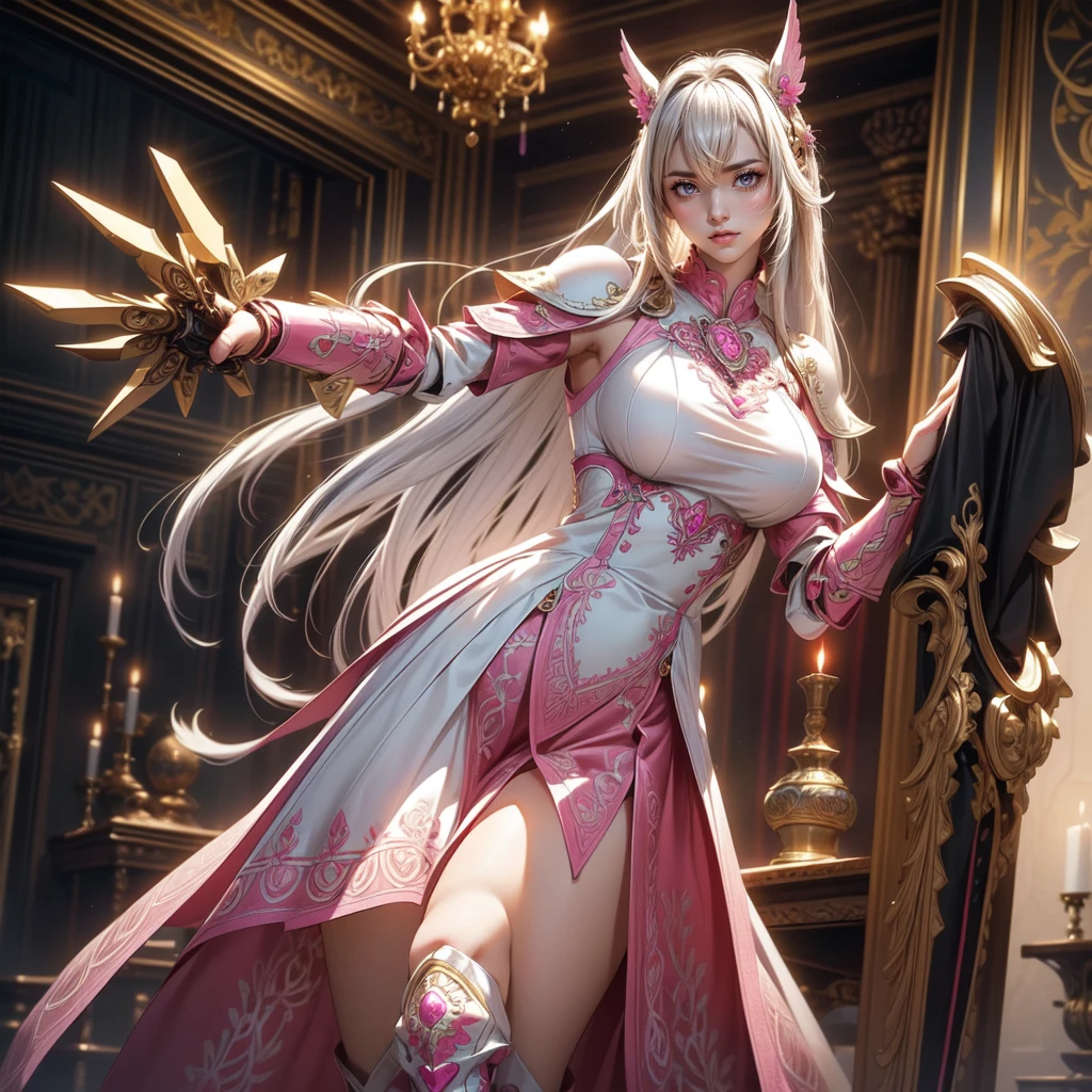 Fantasy Art,Better image quality,(8k),Super realistic,最high quality,high quality,High resolution,high qualityな質感,High detail,beautiful,detailed,CG muy detailed,detailed texture,realistic facial expression,masterpiece,before,dynamic,Bold),1 girl,very detailed skin,curve,beautiful胸,big breasts,White skin,pointed chest,erect nipples,(fine hair),(soft fur),(ultra straight hair),long flowing bangs,pink hair, hair over one eye,(leather boots,(asymmetrical mechanical armor),(long pink lace dress with embroidery,see through:1.2)) Character is facing. In a room in a luxury palace. With welcome pose.