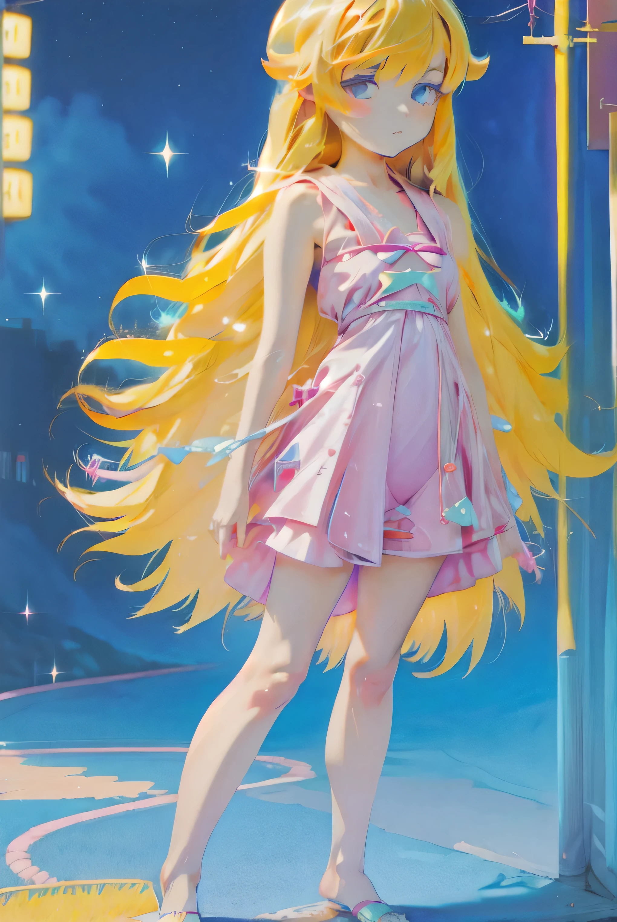 1girl, oshino_shinobu, blonde hair, long hair, cute, full_body, standing, 