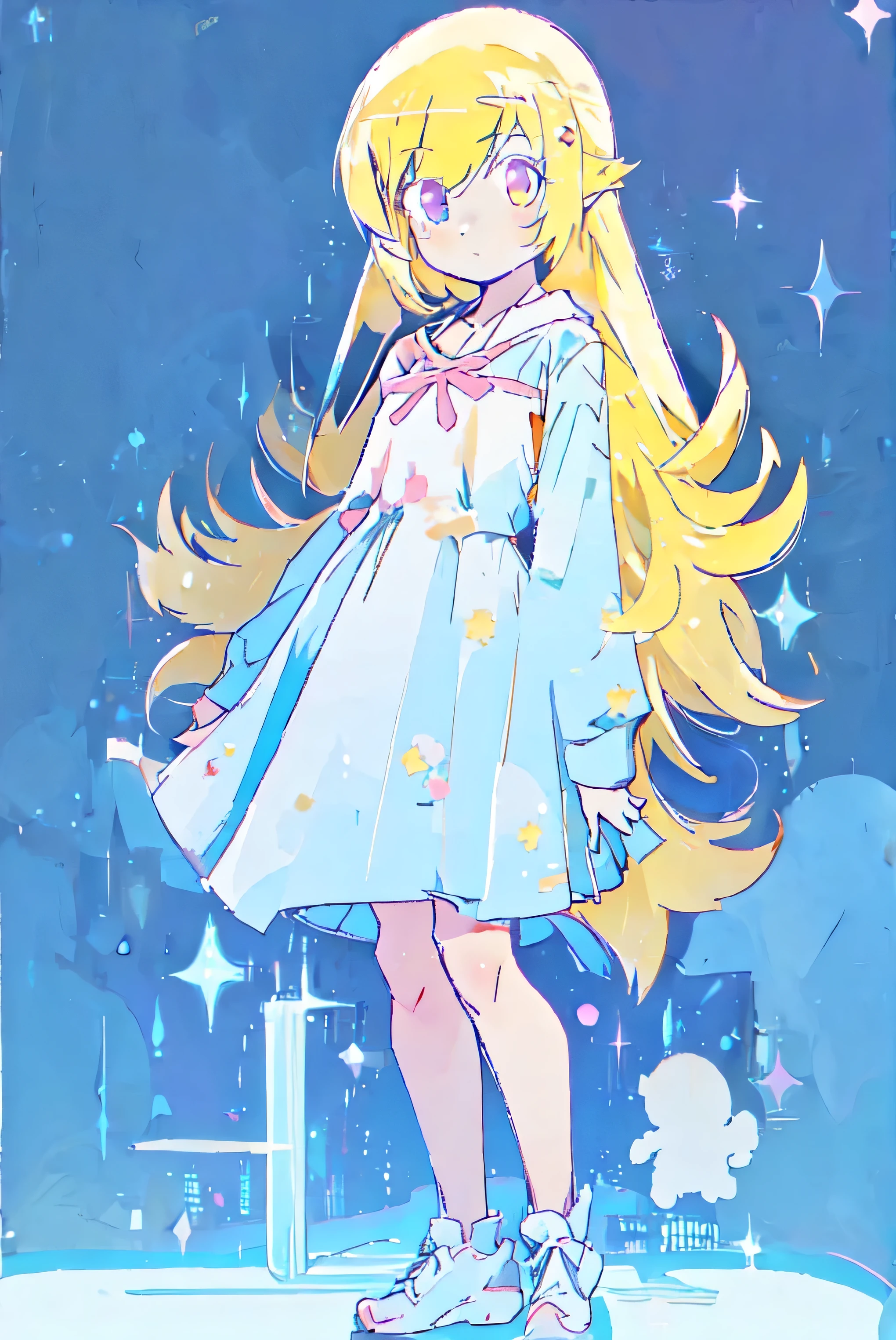 1girl, oshino_shinobu, blonde hair, long hair, cute, full_body, standing, 