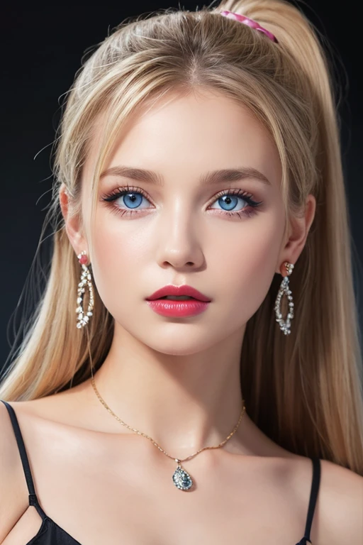 1girl, solo, long_hair, looking_at_viewer, bangs, blue_eyes, blonde_hair, simple_background, photoshop_(medium), original, jewelry, collarbone, ponytail, sidelocks, earrings, parted_lips, lips, eyelashes, black_background, close-up, portrait, forehead, pink_lips, realistic, nose, red_lips