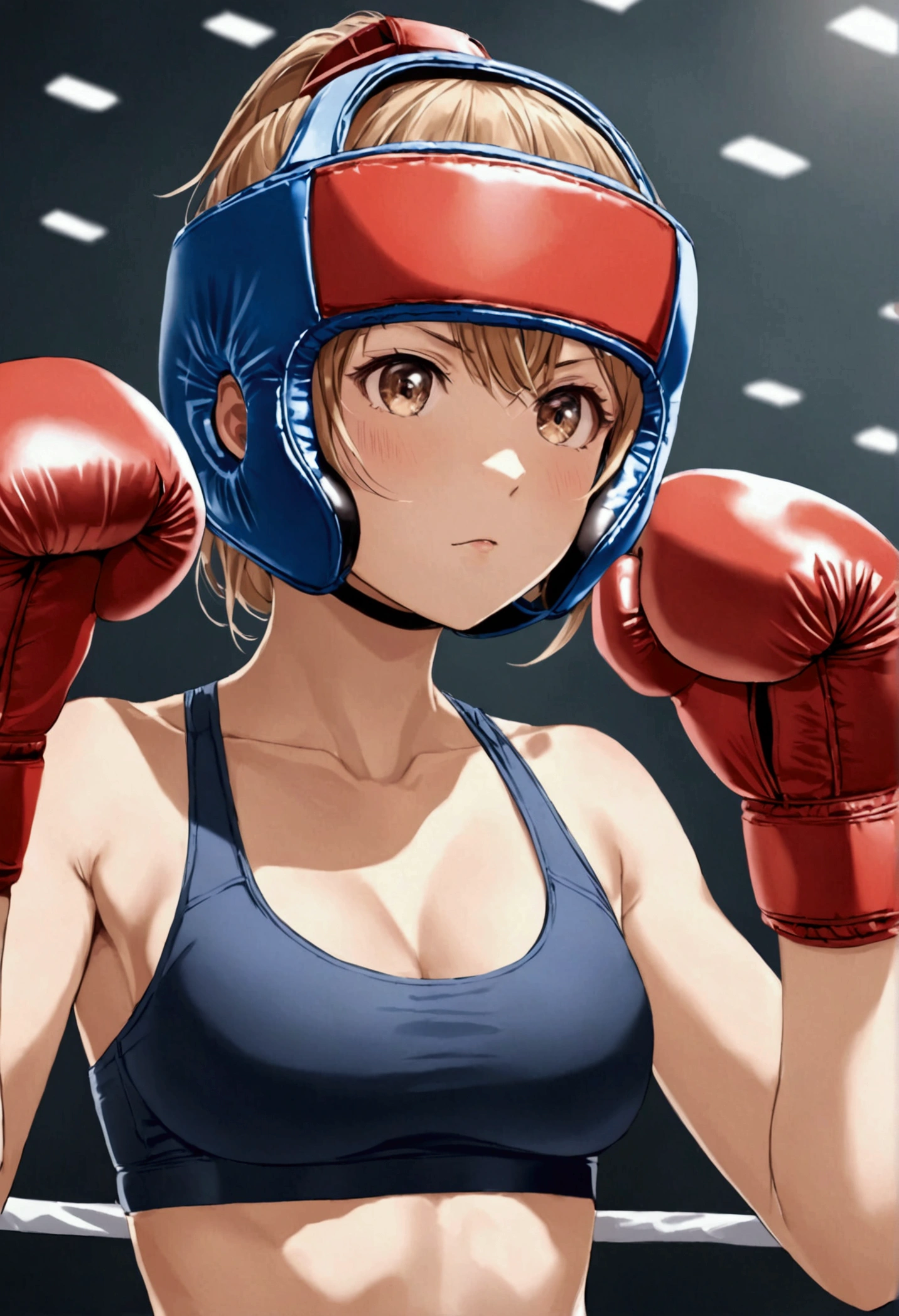 girl in sports bra and boxing head gear