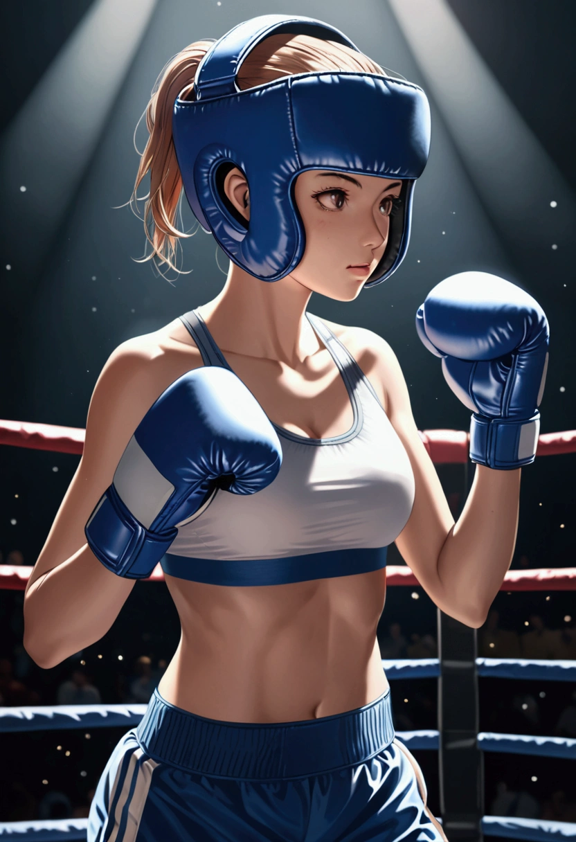 girl in sports bra and boxing head gear