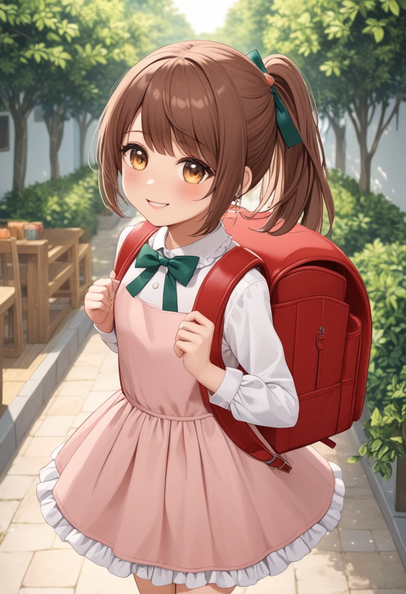 Masterpiece, hd, 1girl, brown hair, ponytail, hair ribbon, wearing cute dress, frilled dress, party dress, bowtie, standing, outdoor, smile, wearing randoseru backpack,(backpack:1.2)