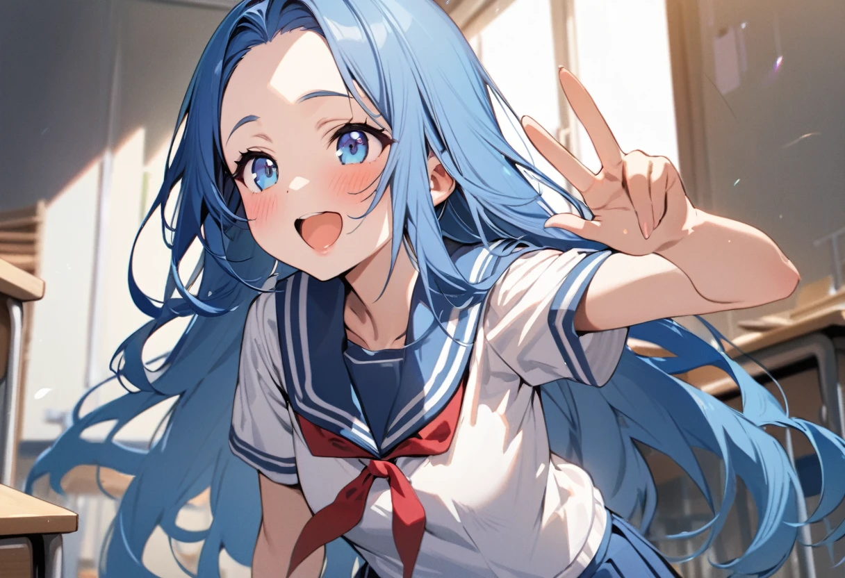 (enjoy talking style) (Peace Hand), (solo:2, 15 yo) (beautiful detailed forehead) (beautiful blue hair long hair) (immensely cute girl) (cute blue eyes) (happy smile, glossy lip, open mouth), in a summer school sailor suit, skirt, red ribbon, break, in the school classroom, background talking many student, break, perfect anatomy, masterpiece, best quality, 16k, beautiful detailed grow, daydreaming expression.