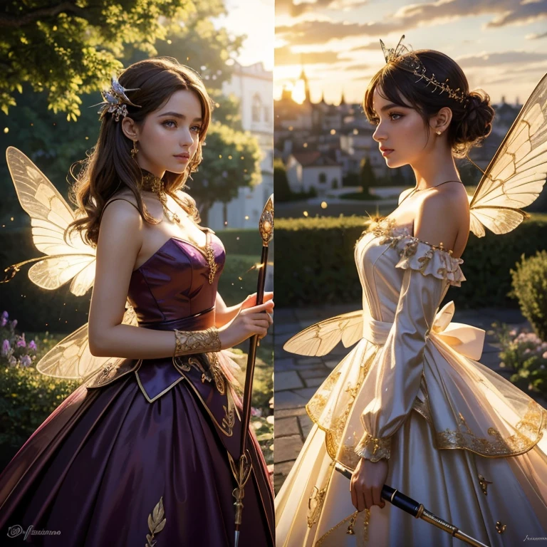 (masterpiece, best quality:1.5), highest quality, High resolution, super detailed, Realists, Upper body photo of a brunette young magical girl, detailed and beautiful eyes, beautiful detailed lips, very detailed eyes and face, longeyelashes, shiny satin dress, Holding a magic wand in your hand, Cast a transformation spell, With her magic wand she transforms snails into butterflies, Glowing wands available,Beautiful and colorful makeup, elegant and noble々The jewelry bag, Gardens as background, soft daylight, bright colors, fine brushstrokes, Portrait style, Silk dress fabric, beautiful color palette, glowing skin, First-class rendering, that captures every detail, enchanting atmosphere, subtle shadows and lights, (perfect anatomy:1.2), (The two stunning magical girls transform snails into butterflies. (a transformation with the magic wand:1.4), (magnificent panorama view:1.2)