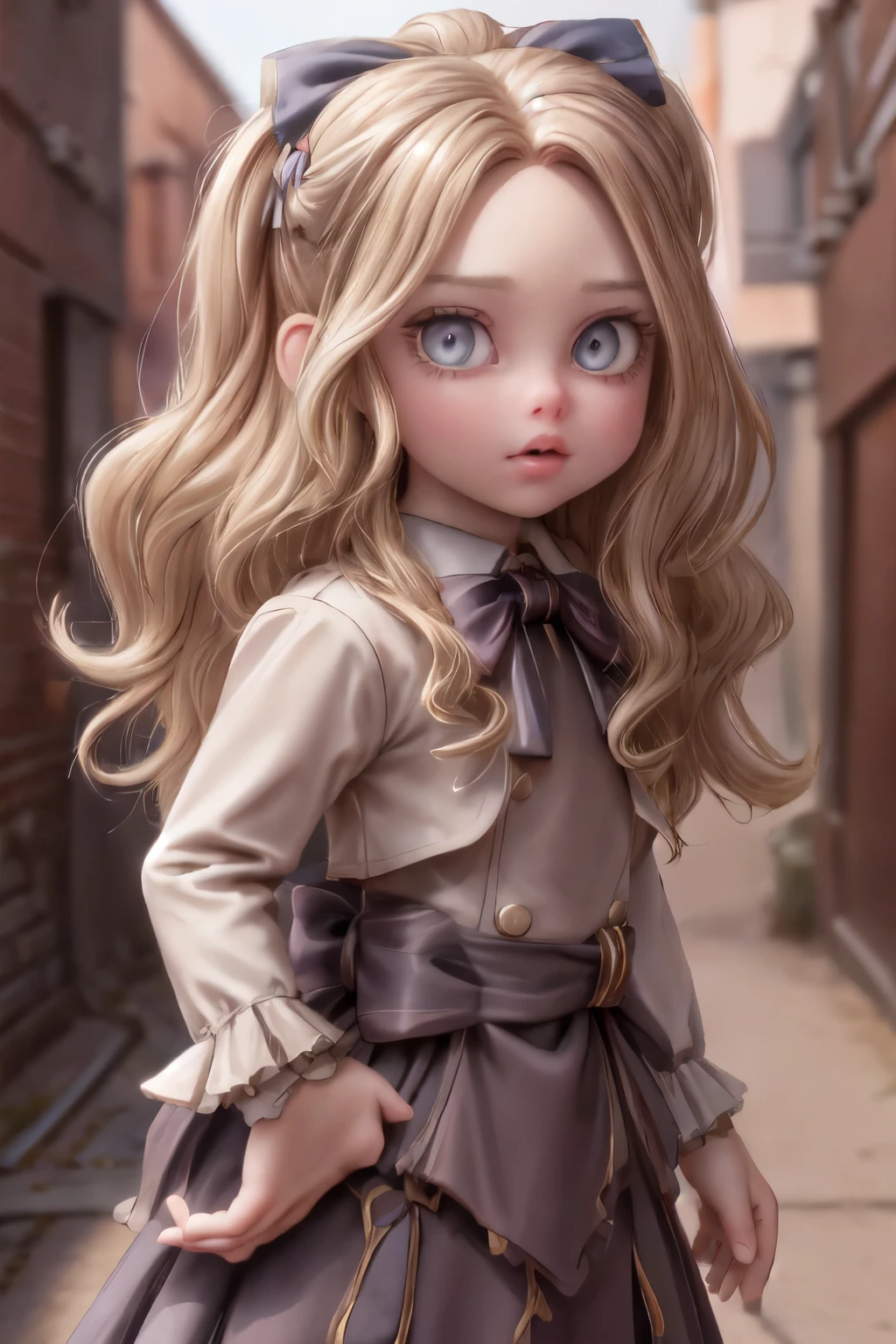 (looking at viewer),(cowboy shot dynamic pose:1.22),
M3GEN/(Robot Girl/), 1girl, solo, long hair, blonde hair, realistic, blurry, grey eyes, bow, photo inset, upper body, bowtie, parted lips, ribbon, lips,
detailed shiny skin,perfect and very white teeth,
finely detailed beautiful eyes,Ultra-fine facial detail,eyelashes,Glossy pink lips,
(detailed The dark and terrifying alleys background:1.4),outdoors,(day:1.33),
depth of field,intricate,elegant,highly detailed,digital photography,masterpiece,hdr,