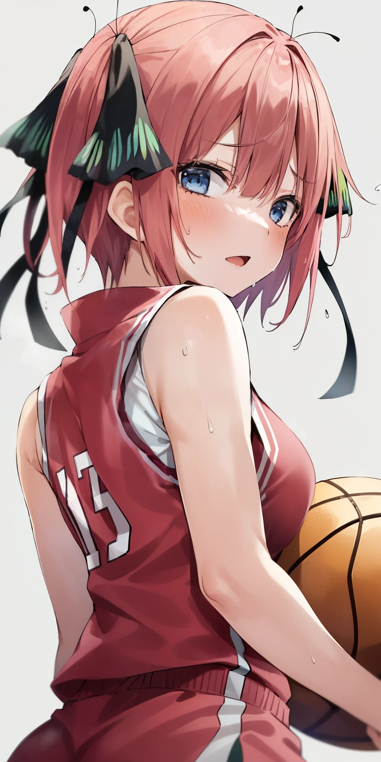 High resolution, Nakano Nino,1 Girl,Pink Hair,Short Hair,Butterfly Hair Ornament, (((Basketball Sleeveless Uniform)))、,(Wet with sweat),,Looking Back, Big Tits, Super Breasts