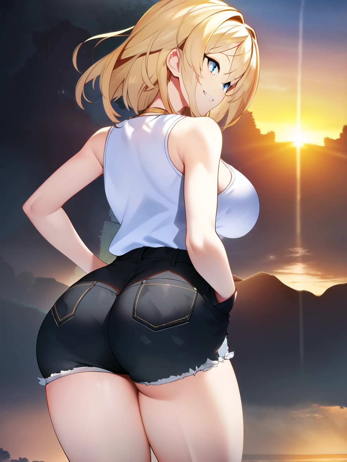 score_9,score_8_up,score_7_up BREAK ,powergirlSDXL,1 girl,short hair,blue eyes,blonde hair,big breasts,high leg,cleavage,denim,micro bikini,beach,back of the room,from below, with hands on hips,
