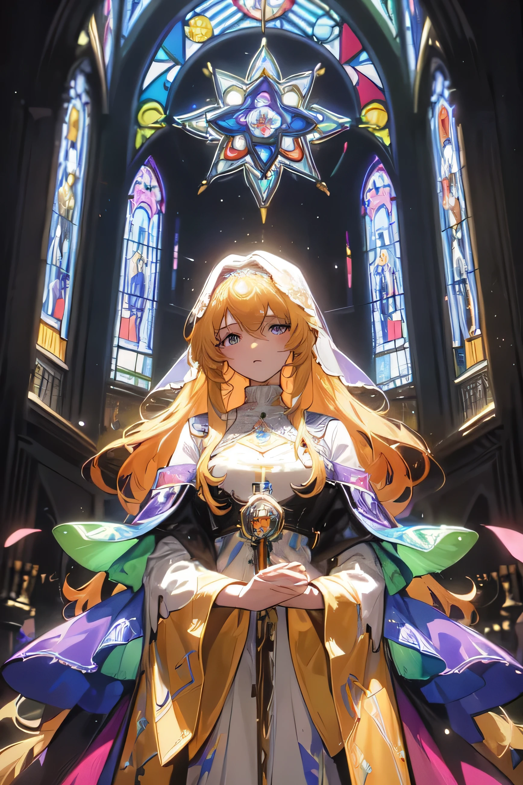 Catholic Sister standing, with large, colourful stained glass windows behind (delicate, high quality fine detail depiction).
Overall, bright as neon, beautiful sisters with long blonde hair are praying.