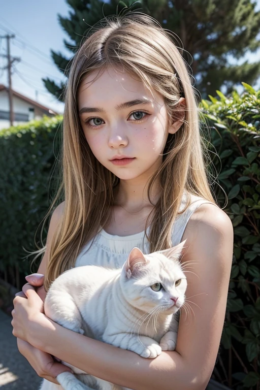 a teenage girl has a small white cat