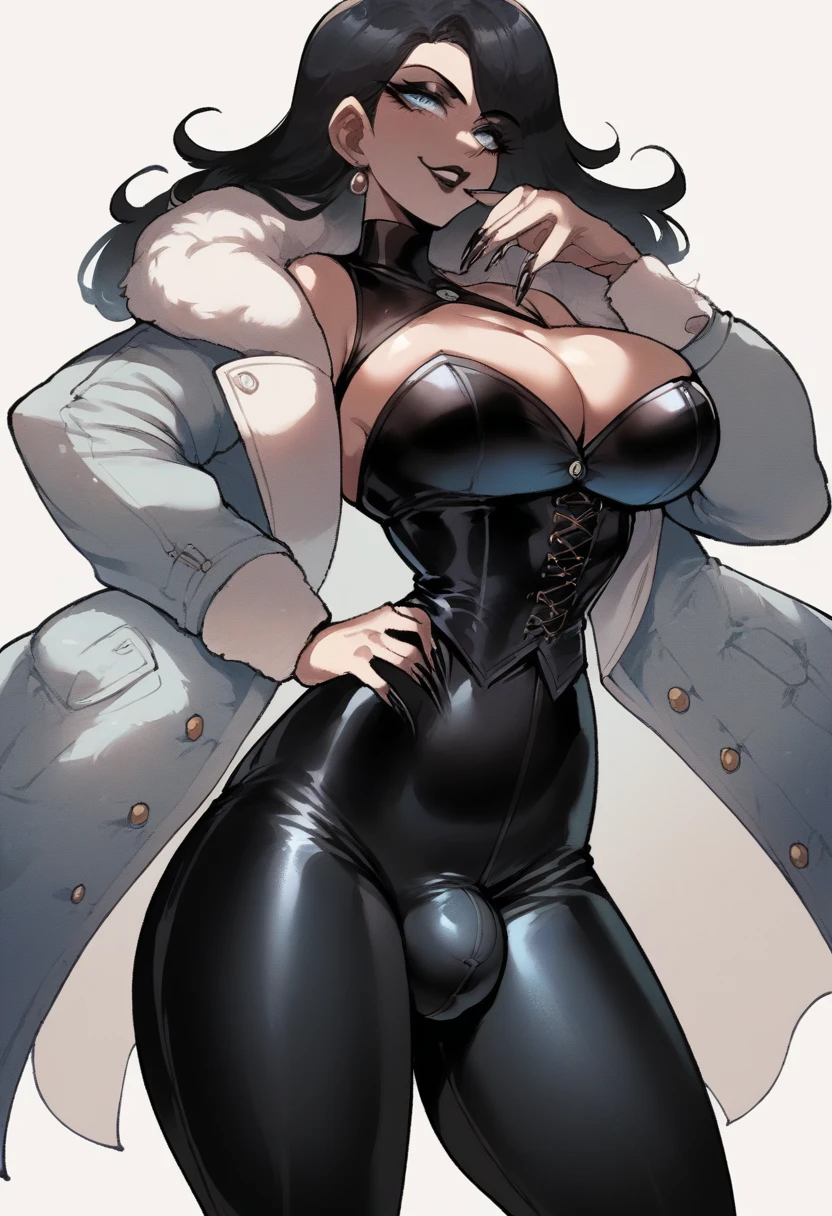 Score_9, score_8_up, score_7_up, adult, tall, 1futa, close up, light blue eyes, black eyeliner,  expression, lipstick, long straight hair, black hair, small waist, , tight fur trim coat, bustier, leather pants, bulge, long nails,  Nyantcha Style, source_anime, 