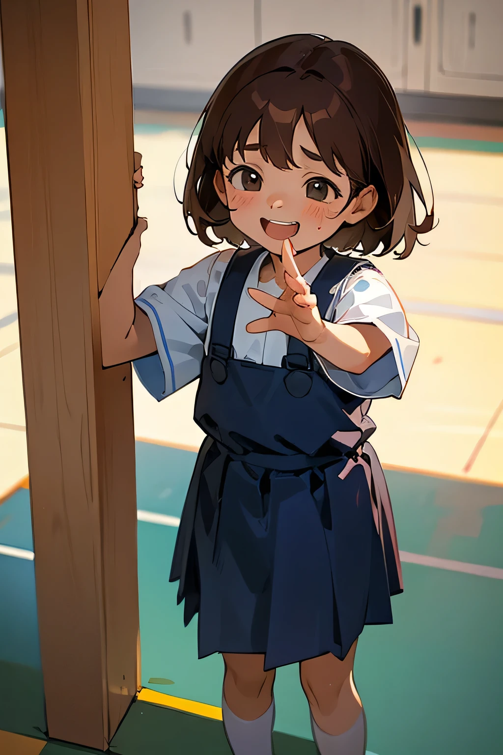 4 year old child wearing kindergarten uniform,brown hair,laugh