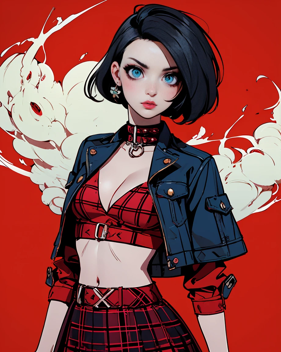 a woman with short black hair, hair on shoulders, wearing a red cropped and plaid skirt, blue eyes, zombie art, gothic art, cute aesthetic with vibe, toon aesthetic, wearing red costume, wearing gothic accessories, look like Cassie Hack, upper body, red background, smoking