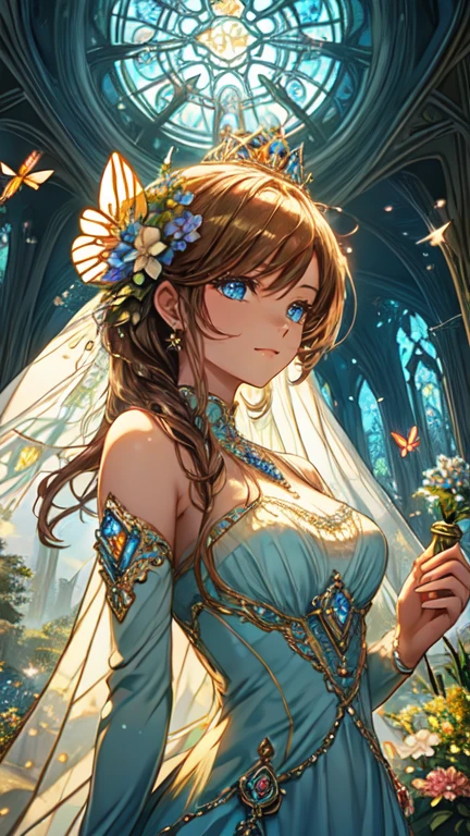 the queen of the light,detailed face,detailed eyes, dressed in a see-through dress, background is fantastic, flower garden, dome, colorful flowers, magical atmosphere, whimsical architecture, sunlight streaming through stained glass, butterflies dancing in the air, sparkling water fountains, lush greenery, vibrant colors, surreal landscape [best quality, highres], dreamlike scenery, ethereal beauty, soft lighting, enchanting ambience