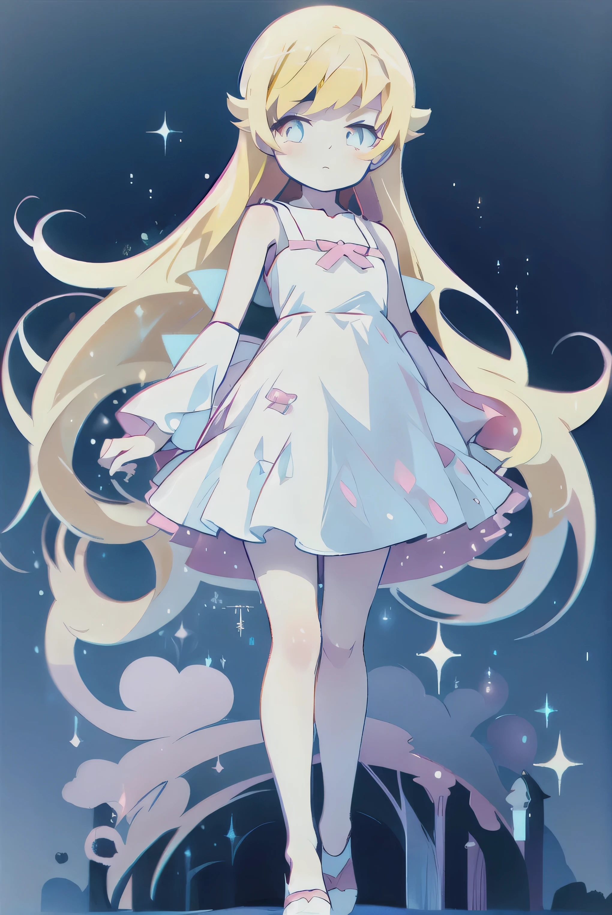 1girl, oshino_shinobu, blonde hair, long hair, cute, full_body, standing, 