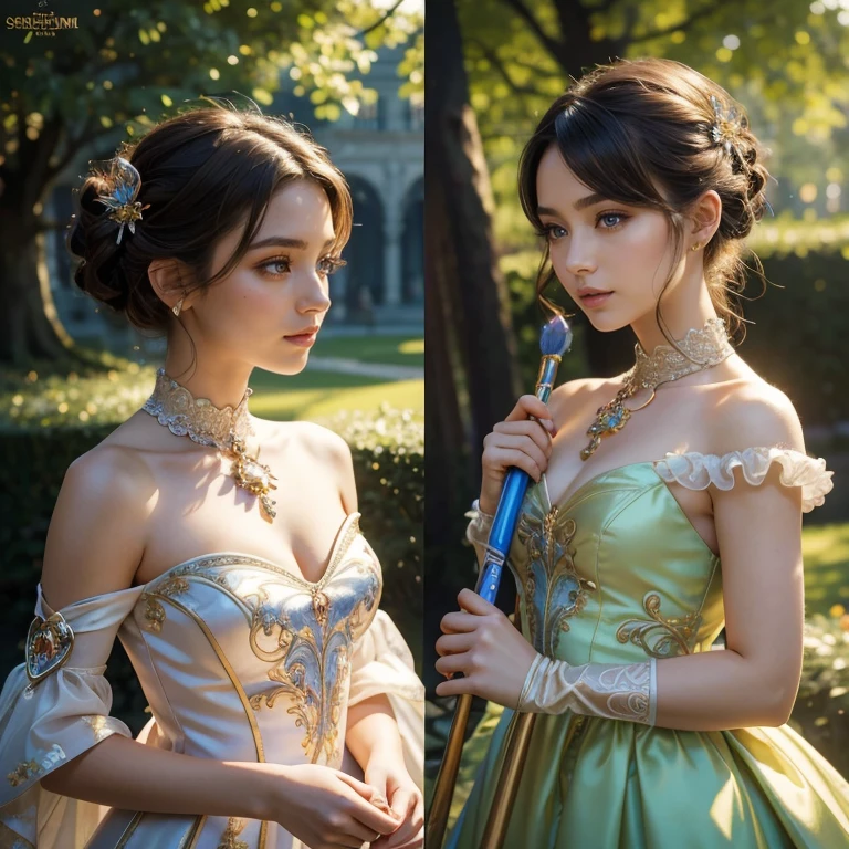 (​masterpiece, best quality:1.5), highest quality, High resolution, super detailed, Realists, Upper body photo of a brunette sorceress, detailed and beautiful eyes, beautiful detailed lips, very detailed eyes and face, longeyelashes, shiny satin dress, Holding a magic wand in your hand and performing eine Transformation spell, Magic wands present and shiny,  Beautiful and colorful makeup, elegant and noble々The jewelry bag, Gardens as background, soft daylight, bright colors, fine brushstrokes, Portrait style, Silk dress fabric, beautiful color palette, glowing skin, First-class rendering, that captures every detail, enchanting atmosphere, subtle shadows and lights, (perfect anatomy:1.2), (The stunning sorceress transforms flowers into jewelry (eine Transformation):1.4), (magnificent panorama view:1.2)