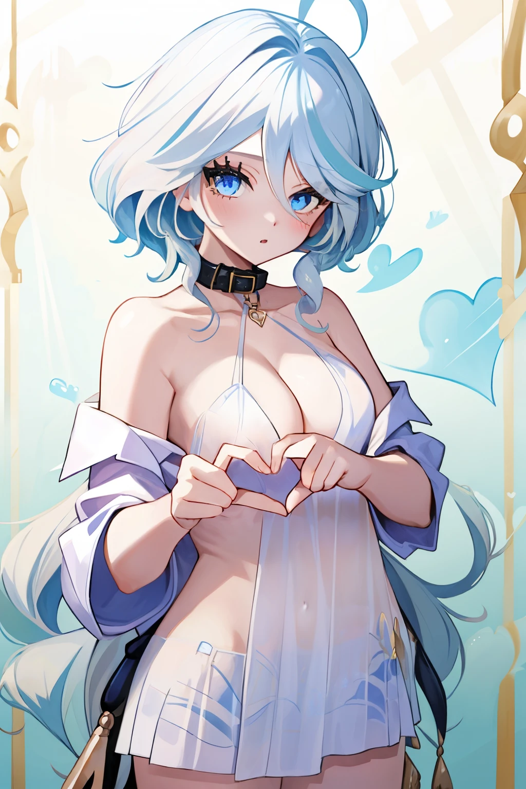 Furina,1girl,solo,long hair,ahoge,blue eyes,white hair,blue hair,bangs, off shoulder, collar bone, cleavage, look at viewer, perfect fingers, heart hands, own hands together