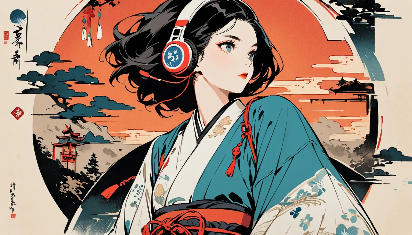 Ink Painting, (((1 girl))), (((music festival))), sunglasses, Japanese style headphones, Japanese beauty, Black Hair, Delicate and precise, Modern ukiyo-e style, vivid color