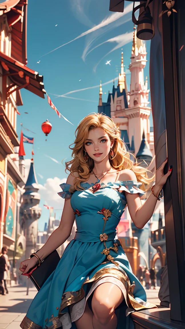 ((最high qualiy, 8k, work of art: 1.3, ultra HD, high qualiy, 最high qualiy, high resolution, 真实感)) 、An extremely beautiful 22 year old white woman、blonde hair color、blue eye hair、slickedback hair、ssmile、slenderbody, but well proportioned、background blur((Depth of field))、Aerial perspective((atmospheric perspective))、I want my head to be off the screen、Wear wrist accessories、Put an ankle bracelet on your ankle、Using red nail polish、I have a peticure、Disney((Disney))rapunzel、long blonde hair、Wear a dress with wide shoulders、ssmile