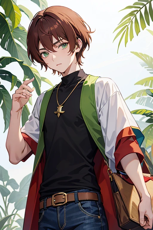 Xiao from Genshin Impact, boy, 16 years old, short reddish brown hair with strands in the bangs, green eyes, open green vest, t-shirt
black color, necklace with golden cross, blue jeans, light brown belt, profile looking directly at the viewer, white background.