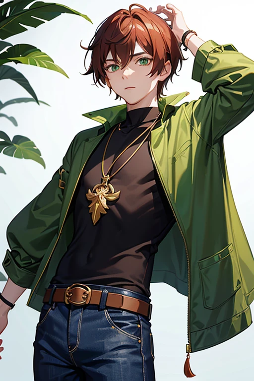 Xiao from Genshin Impact, boy, 16 years old, short reddish brown hair with strands in the bangs, green eyes, open green vest, t-shirt
black color, necklace with golden cross, blue jeans, light brown belt, profile looking directly at the viewer, white background.