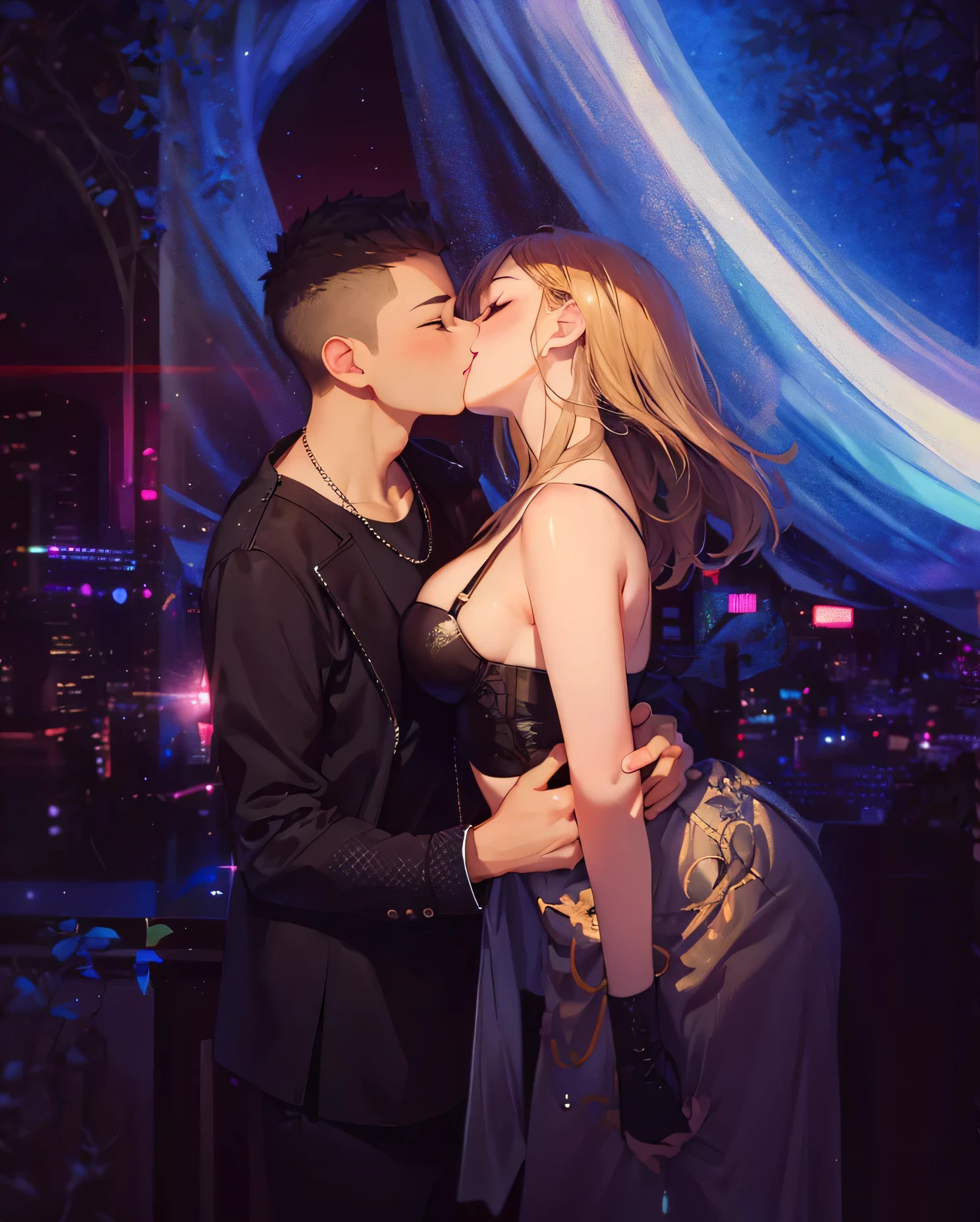 araffe couple kissing in front of a blue light, they are in love, taken in night club, by Matt Cavotta, making out, 1614572159, couple kissing, profile image, taken in 2 0 2 0, by Micha Klein, by Adam Szentpétery, kissing together cutely, (Masterpiece), (best detail), (Best quality), (((2D))), happy, small, (Young), good-looking