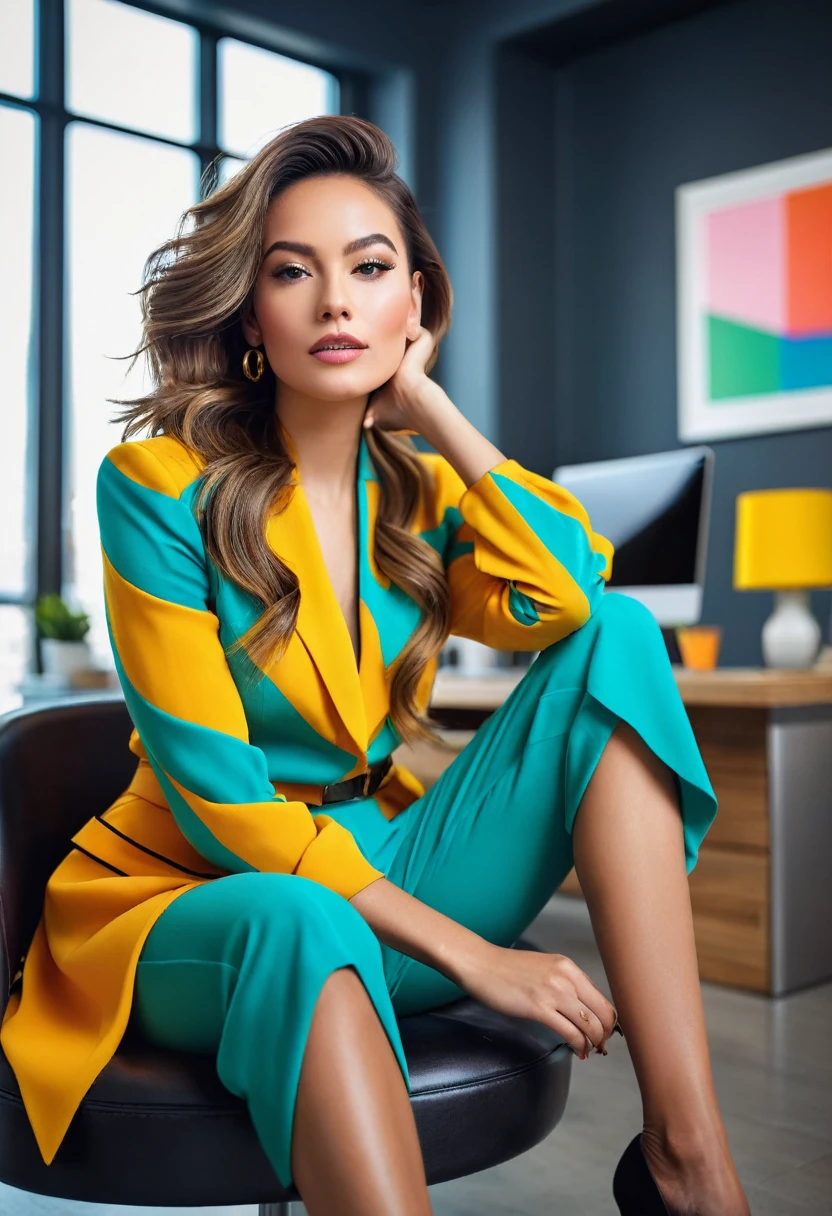 A stunning fashion portrait of a young lady in a vibrant office setting. She is seated in a relaxed pose, wearing a chic, colorful outfit that accentuates her beauty. The composition of the photo captures her from an innovative angle, highlighting her captivating features. The background showcases an urban office scene, with modern furnishings and sleek designs. The overall mood of the image is playful and alluring, as if she's the center of attention in the room.