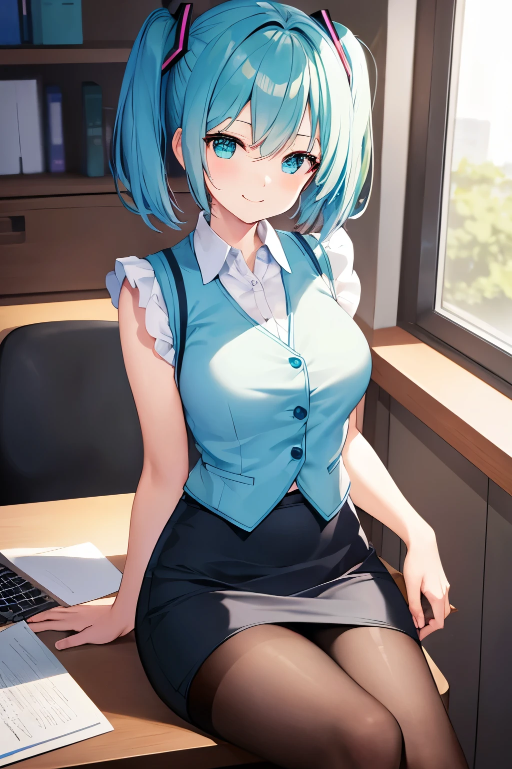 ​masterpiece、Top image quality、超A high resolution、miku hatsune、blue hairs、Twin-tailed、short hair、cute smile、white dress shirts、pencil skirt、oficce lady vest、firm breasts、well-shaped breasts、black pantyhose、sitting cross-legged in an office chair、office