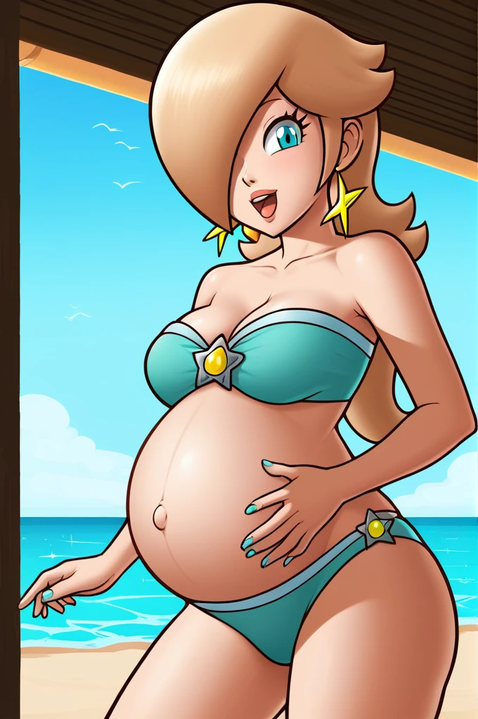 score_9, score_8_up, 1girl, solo, rosalina, style parody, thick outlines, bikini, swimsuit, pregnant belly, big belly, sleeveless, strapless, cleavage, indoors, beach, happy, showing his belly