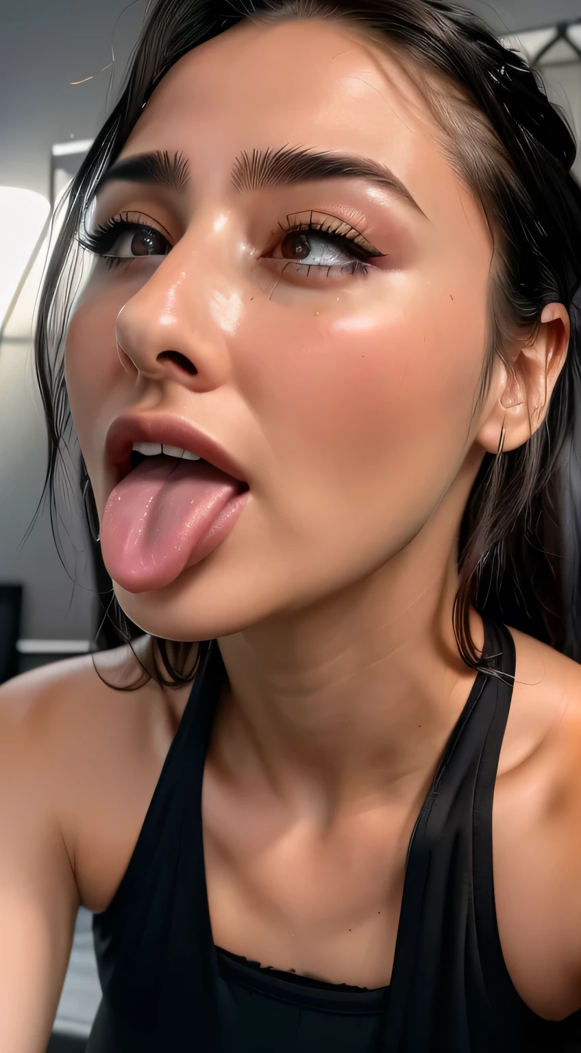 Taylor Hill、High resolution realistic photos,8k,Realistic skin texture,1 girl,Tabletop,Awards - Winning Photos, Very detailed, Close your eyes, Nose and mouth,Face Focus, Face close-up、Woman with open mouth and closed eyes, Black camisole、20-year-old,Black-haired、Symmetrical face,Realistic nostrils、Angle from below、Elongated C-shaped nostrils,((Gray background))、Sweaty skin、Lighting that highlights glowing skin caused by sweat、((Sharp Nose))Skin shiny with sweat、Glowing Skin、Sweaty hair、sunlight、(Brow wrinkles)((Frowning))(cum on tongue)、Deep Kiss、((Thin eyebrows))((Oily skin、Glowing Skin))、double eyelid、Wet and shiny tongue、Tied Hair、updo、Lift your head(((Long Tongue, traces of saliva)))((Super wet skin))(((Profile with a wide nasal septum,nasal septum,profile)))((Detailed eyelashes))
