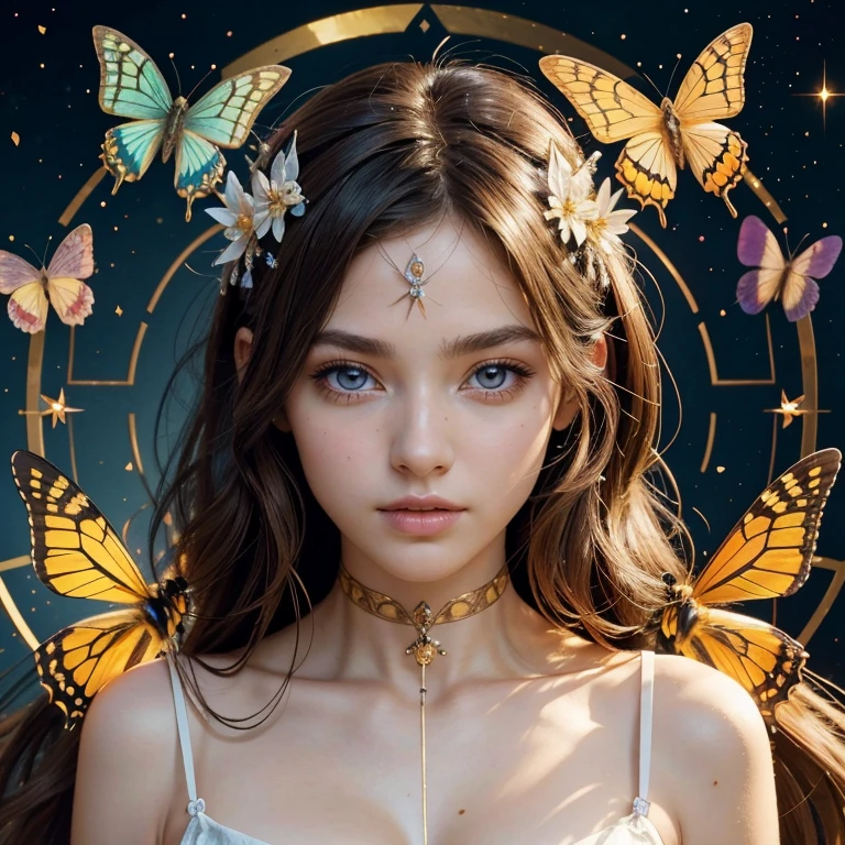 (​masterpiece, best quality:1.5), highest quality, High resolution, super detailed, Realists, Upper body photo of a brunette 14-year-old magical girl, detailed and beautiful eyes, beautiful detailed lips, very detailed eyes and face, longeyelashes, shiny satin dress, Holding a magic wand in your hand, Cast a transformation spell, With her stick she turns the wasps into butterflies, Glowing wands available,Beautiful and colorful makeup, elegant and noble々The jewelry bag, Gardens as background, soft daylight, bright colors, fine brushstrokes, Portrait style, Silk dress fabric, beautiful color palette, glowing skin, First-class rendering, that captures every detail, enchanting atmosphere, subtle shadows and lights, (perfect anatomy:1.2), (The two stunning 14 and 12 year old Magical Girls transform wasps into butterflies. (a transformation with the magic wand:1.4), (magnificent panorama view:1.2)