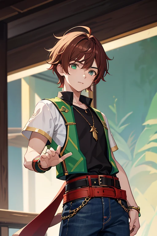 Xiao from Genshin Impact, boy, , short reddish brown hair with strands in the bangs, green eyes, open green vest, t-shirt
black color, necklace with golden cross, blue jeans, light brown belt, profile looking directly at the viewer, white background.