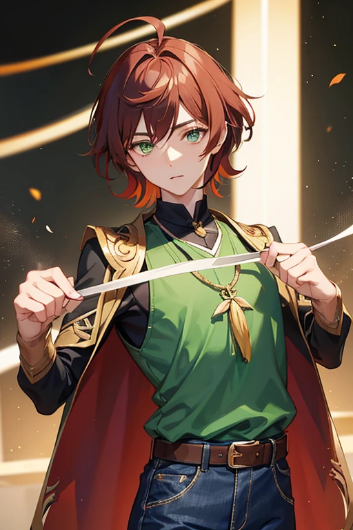 Xiao from Genshin Impact, boy, , short reddish brown hair with strands in the bangs, green eyes, open green vest, t-shirt
black color, necklace with golden cross, blue jeans, light brown belt, profile looking directly at the viewer, white background.