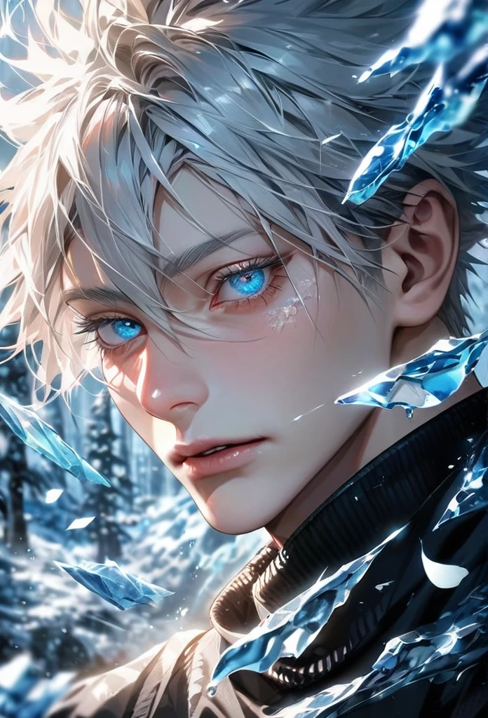 absurdres, highres, ultra detailed, HDR, master piece, best quality, extremely detailed face and eyes, perfect face, realistic face, beautiful eyes, Gojo Satoru, white hair with bangs, hair between the eyes, expressive blue eyes, white eyelashes, Jujutsu Kaisen, solo, man, handsome, ice butterflies, ice trees, ice flowers, ice petals