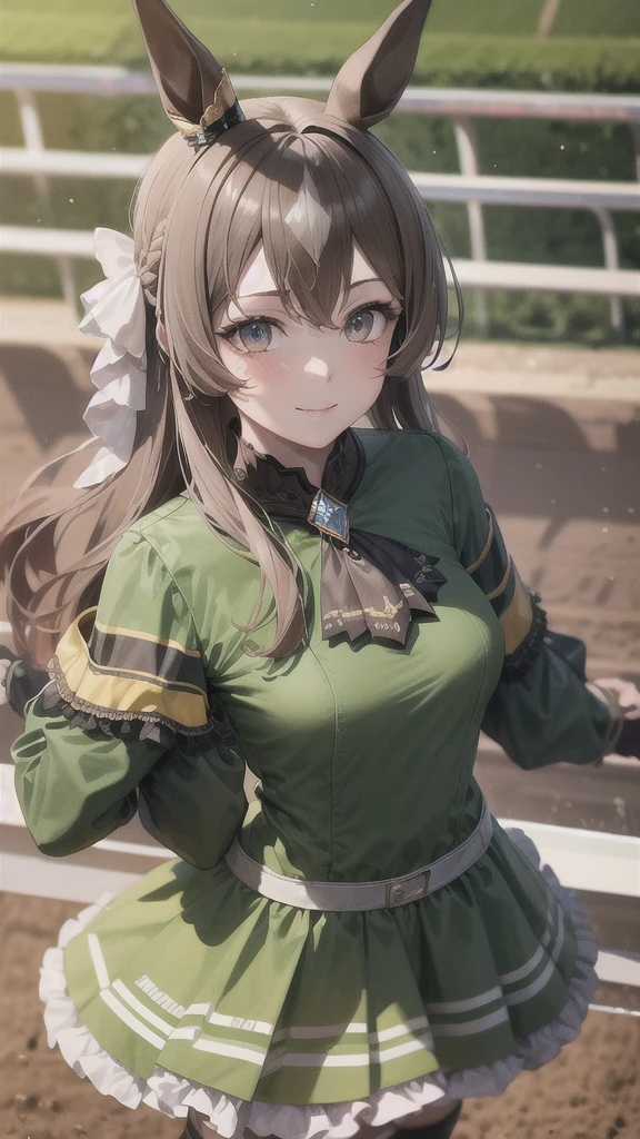 masterpiece, best quality, ultra-detailed, glistening shiny, glowing light, ray tracing, HDR, deph of field, (perfect face, detailed face, detailed eyes,perfect hands,perfect fingers), 8k,HD,ultra realistic face,ray tracing,perfect lighting,best quality, ultra-detailed,
looking at viewer, blush, smile, aasato, long hair, half updo, braid, hair between eyes, animal ears, ear ornament, horse tail, , frills, black ascot, green dress, (sleeves past wrists:1.2), black thighhighs, (horse race track:1.5), running, crowd,
