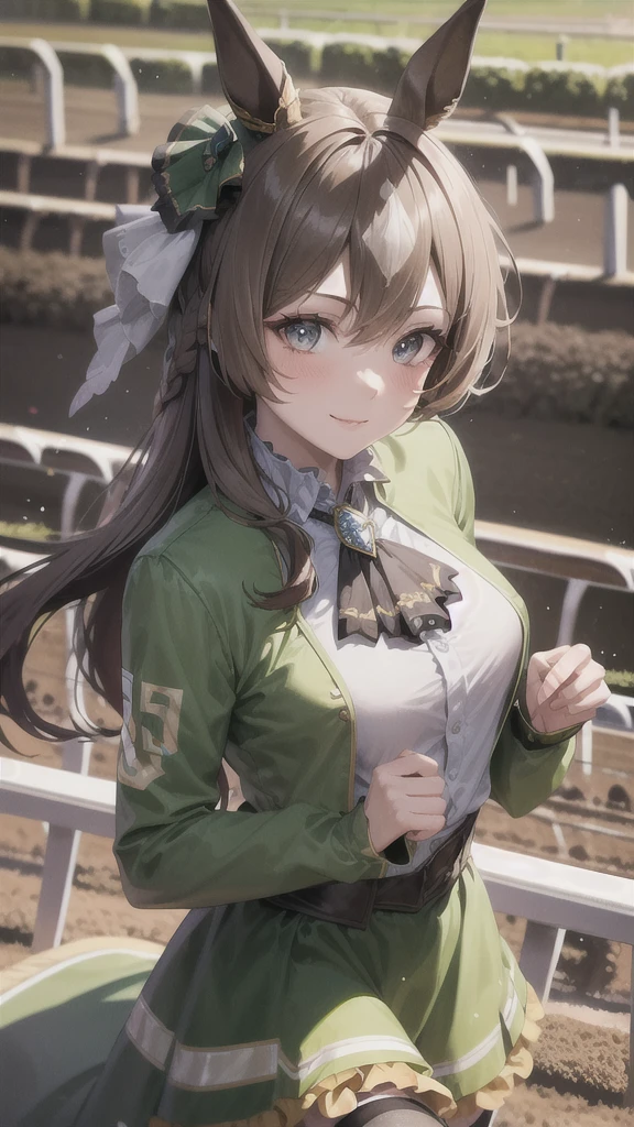 masterpiece, best quality, ultra-detailed, glistening shiny, glowing light, ray tracing, HDR, deph of field, (perfect face, detailed face, detailed eyes,perfect hands,perfect fingers), 8k,HD,ultra realistic face,ray tracing,perfect lighting,best quality, ultra-detailed,
looking at viewer, blush, smile, aasato, long hair, half updo, braid, hair between eyes, animal ears, ear ornament, horse tail, breasts, frills, black ascot, green dress, (sleeves past wrists:1.2), black thighhighs, (horse race track:1.5), running, crowd,