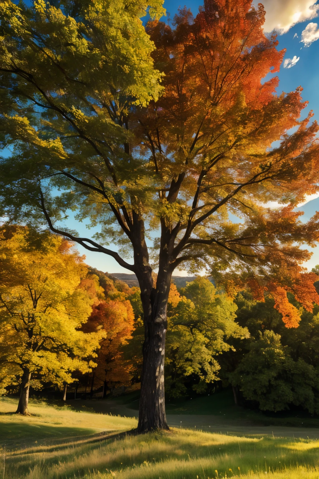 a single painted red oak tree on a hill, detailed bark texture, lush green grass, warm lighting, vibrant autumn foliage, dramatic clouds, golden hour, photorealistic, 8K, highly detailed, masterpiece
