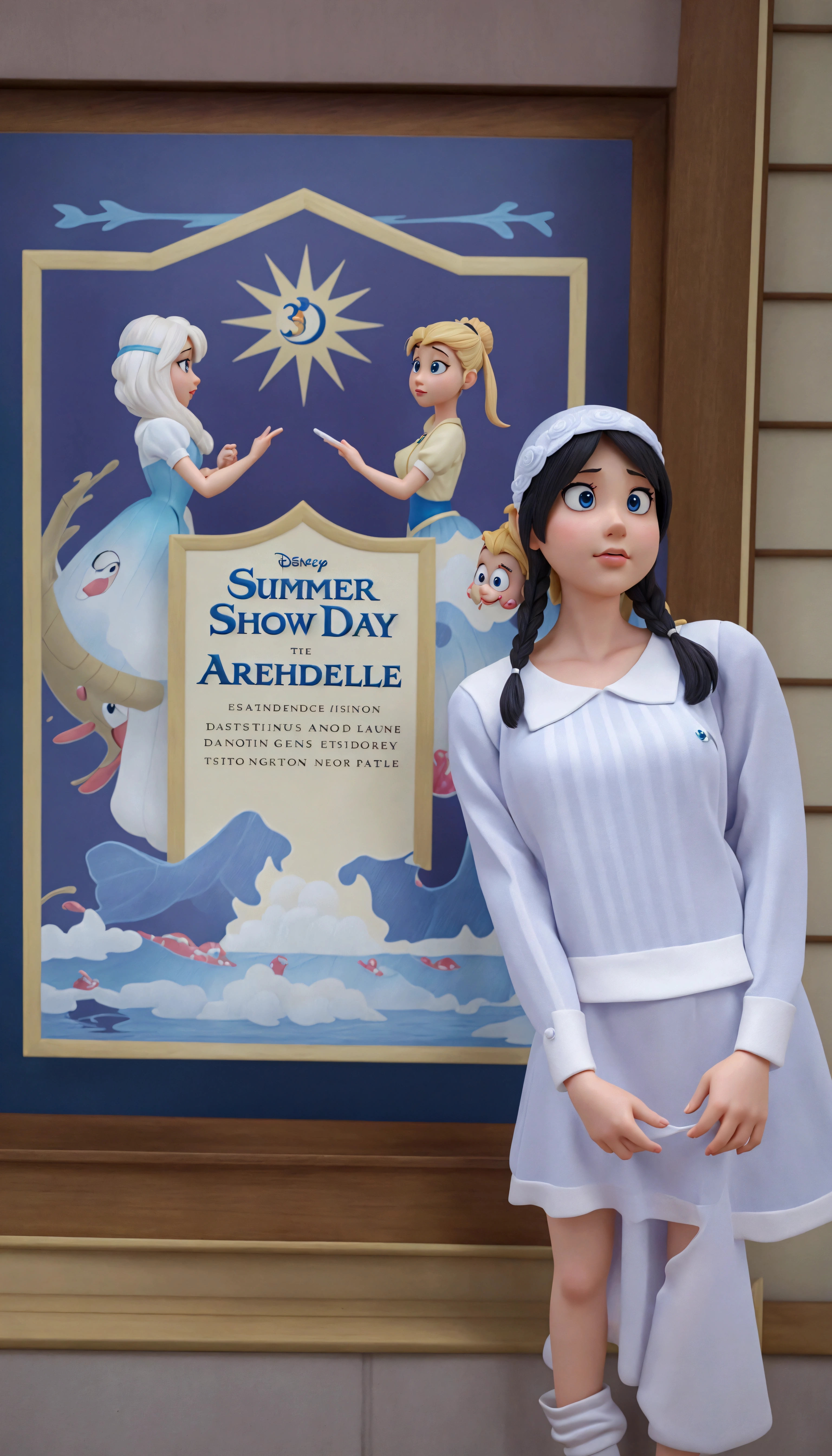 A lady stands in front of a painting, Realistic Disney, Disney style art, Realistic anime 3D style, Popular on cgstation, cartoon, disney photo realistic, Rendering a cute 3D anime girl, CG Art, CG Artist, CGI Art, 3D Character Art, 3D Animation Movies