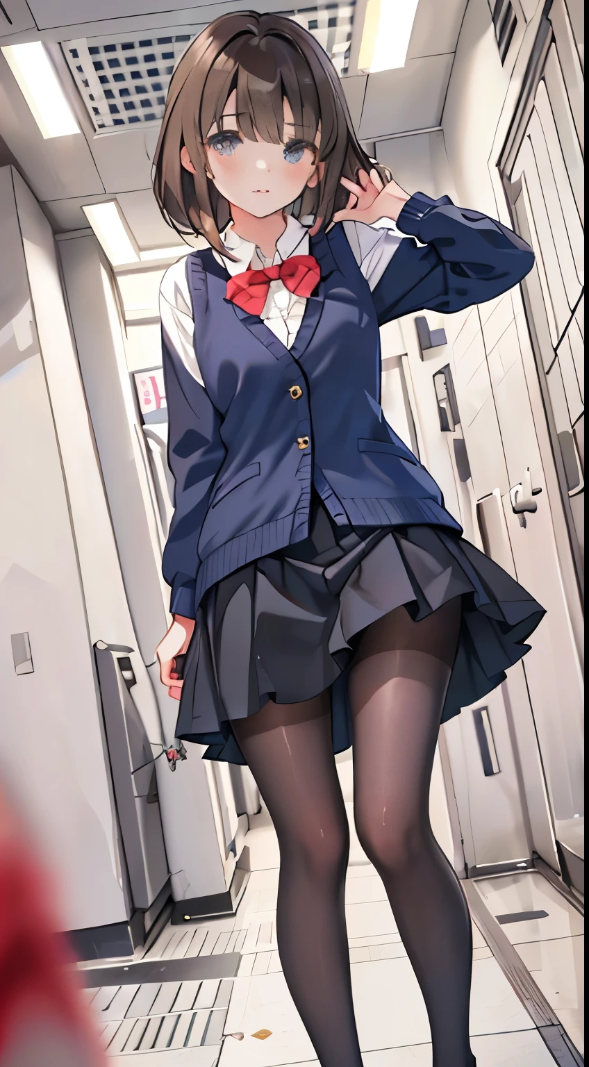 finest, masterpiece, High resolution, (whole body), front, frontComposition from slightly below, symmetry, 18 year old girl, alone, (whole body from head to toe), small breasts, brown hair, slightly messy hair, bangs, (black tights), ( (black pantyhose), black pantyhose, composition show me your white panties, slender beautiful foot, Very beautiful 18 year old girl (navy high heels) foot), blush, shy big eyes, messy hair, looking at camera, show me your white panties, Hide your arms behind your back, dark blue office lady uniform, Dark blue pencil skirt, navy blue vest, beige cardigan