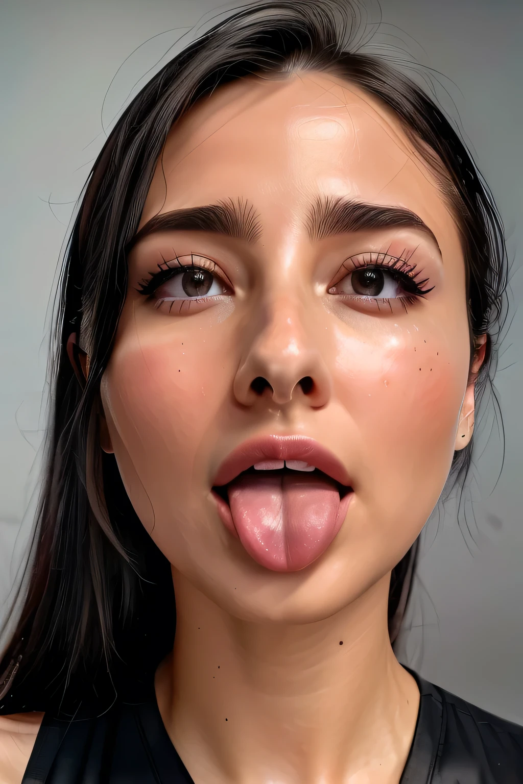 Taylor Hill、High resolution realistic photos,8k,Realistic skin texture,1 girl,Tabletop,Awards - Winning Photos, Very detailed, Close your eyes, Nose and mouth,Face Focus, Face close-up、Woman with open mouth and closed eyes, Black camisole、20-year-old,Black-haired、Symmetrical face,Realistic nostrils、Angle from below、Elongated C-shaped nostrils,((Gray background))、Sweaty skin、Lighting that highlights glowing skin caused by sweat、((Sharp Nose))Skin shiny with sweat、Glowing Skin、Sweaty hair、sunlight、(Brow wrinkles)((Frowning))（cum on tongue)、Deep Kiss、((Thin eyebrows))((Oily skin、Glowing Skin))、double eyelid、Wet and shiny tongue、Tied Hair、updo、Lift your head(((Long Tongue, traces of saliva)))((Super wet skin))(((Profile with a wide nasal septum,nasal septum,profile)))((Detailed eyelashes))