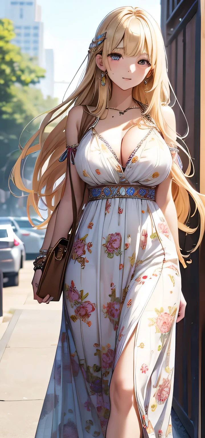 beautiful detailed korean girl, wearing Erotic Bohemian Maxi Dress: Flowing dress with boho prints and accessories for a relaxed, stylish look, beautiful face, shiny white skin, blonde hair, slender, ultra large breasts, massive cleavage exposed, school background