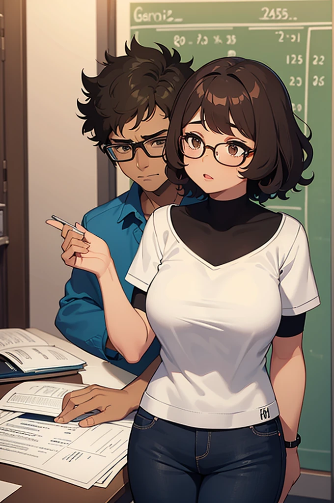 brown skin girl, gorda, very curly and short hair, Glasses, Brown eyes, short, of , next to his math teacher kissing