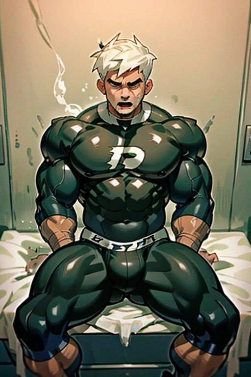 Danny Fenton surrounded by steam and hypnotic gas sitting on a wooden bench with brainwashed football jocks sitting on either side of him as he struggles not to be brainwashed as he is assimilated into their team while breathing in hypnotic gas. Turning into stereotypical football jock just like Dash Baxter. Black hair partially turned blonde. hyper muscles. Big biceps. Big triceps. Big traps. big lats. big deltoids. Big meaty pecs. Swollen hyper crotch bulge. Tenting crotch. Open mouth. Mindless blank stare. IQ drain. Dumber and dumber. big dumb jock. Jock assimilation. Hypnosis. Hypnotic trance. Brainwashing. Brainwashed. Hypnotized. Entranced. Jock assimilation. Jock conversion. Meathead. Musclehead. Brute. Bro. "Feeling ... kinda funny, like ... like my head is ... empty ... No thoughts, just ... just listen to Coach ... listen and ooohhhh NO! Focus, Danny! I have to resist. Have to ... break free.... Have to ... have to..... I ... m-must.... I ... must...." Speaking in a dull monotone as he falls into trance. "Listen, ... repeat, ... conform, ... obey.... Coach's words...." Speaking in unison with the other jocks in the locker room. "I ... I am sweaty. ... I am horny. ... I am sexy. ... I am dumb.... I'm just a mindless.... I'm just an empty, ... stupid, ... strong jock.... We are sweaty. ... We are horny. We are sexy. ... We are dumb. We are just mindless. We are just empty, ... stupid, ... strong jocks.... Love sports ... workouts ... big muscles.... Put nerds in their place.... Give wedgies ... Give swirleys ... shove them in lockers.... Want to.... Need to.... Because I am an empty ... stupid ... strong jock.... I am sweaty. I am horny. I am sexy. I am dumb...." Repeating over and over. Football uniform. Cleats. Shoulder pads. Jockstrap. Football team assimilation. Jock assimilation. Brain drain. Stubble on cheeks and jaw.