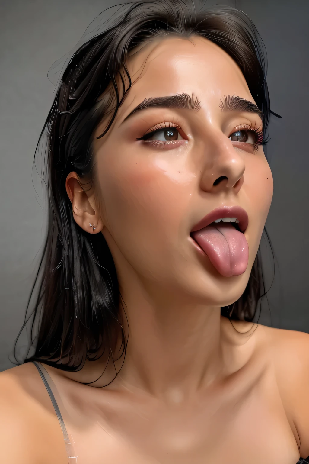 Taylor Hill、High resolution realistic photos,8k,Realistic skin texture,1 girl,Tabletop,Awards - Winning Photos, Very detailed, Close your eyes, Nose and mouth,Face Focus, Face close-up、Woman with open mouth and closed eyes, Black camisole、20-year-old,Black-haired、Symmetrical face,Realistic nostrils、Angle from below、Elongated C-shaped nostrils,((Gray background))、Sweaty skin、Lighting that highlights glowing skin caused by sweat、((Sharp Nose))Skin shiny with sweat、Glowing Skin、Sweaty hair、sunlight、(Brow wrinkles)((Frowning))（cum on tongue)、Deep Kiss、((Thin eyebrows))((Oily skin、Glowing Skin))、double eyelid、Wet and shiny tongue、Tied Hair、updo、Lift your head(((Long Tongue, traces of saliva)))((Super wet skin))(((Profile with a wide nasal septum,nasal septum,profile)))((Detailed eyelashes))