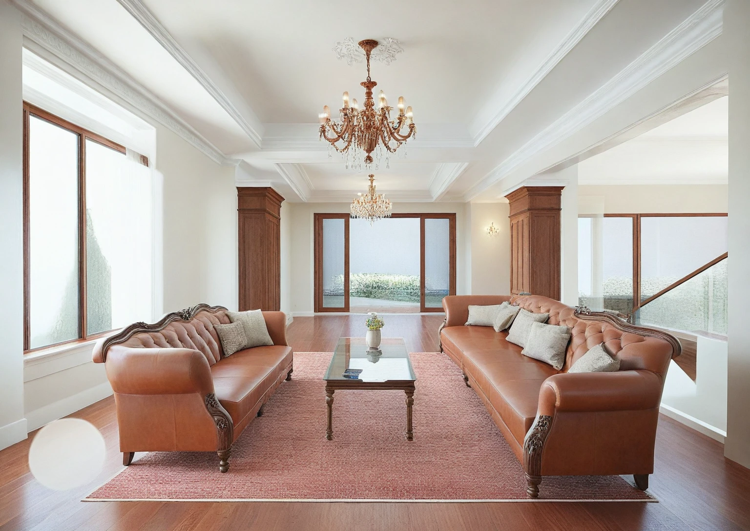 RAW photo, masterpiece, a view of a living room with a couch, chairs, and a chandelier, highly detailed interior, neo - classical style, neoclassical style, neoclassicism style, interior architect architectural visualization, neoclassical style, in style of classicism, white light sun, rendered in vray, rendered in v-ray, rendered in unreal engine 3d, (photorealistic:1.2), (photorealistic:1.5), best quality, ultra high res, architechture, (leather sofa detail:1.5), neoclassic house, (detailed railing neoclassic:1.5), luxury neoclassical villa, (mable floor details:1.5), (detailed neoclassical carpet:1.5), in the style of neoclassical scene, glass windows, best quality, (Intricate lines:1.5), ((Photorealism:1.5)),(((hyper detail:1.5))), archdaily, award winning design, (dynamic light:1.3), (day light:1.2), (perfect light:1.3), (shimering light :1.4),  refection glass windows, (curved line architecture arch:1.2), photorealistic, FKAA, TXAA, RTX, SSAO, Post Processing, Post-Production, CGI, VFX, SFX, Full color,((Unreal Engine 5)), Canon EOS R5 Camera + Lens RF 45MP full-frame CMOS sensor, HDR, Realistic, Cinematic intricate detail, extreme detail, science, hyper-detail, FKAA, super detail, super realistic, crazy detail, intricate detail, nice color grading, reflected light on glass, eye-catching wall lights, unreal engine 5, octane render, cinematic, trending on artstation, High-fidelity, Viwvid, Crisp, Sharp, Bright, Stunning, ((Lifelike)), Natural, ((Eye-catching)), Illuminating, Flawless, High-quality,Sharp edge rendering, medium soft lighting, photographic render, detailed archviz, ((( organge mahogany wood  : 2 )))