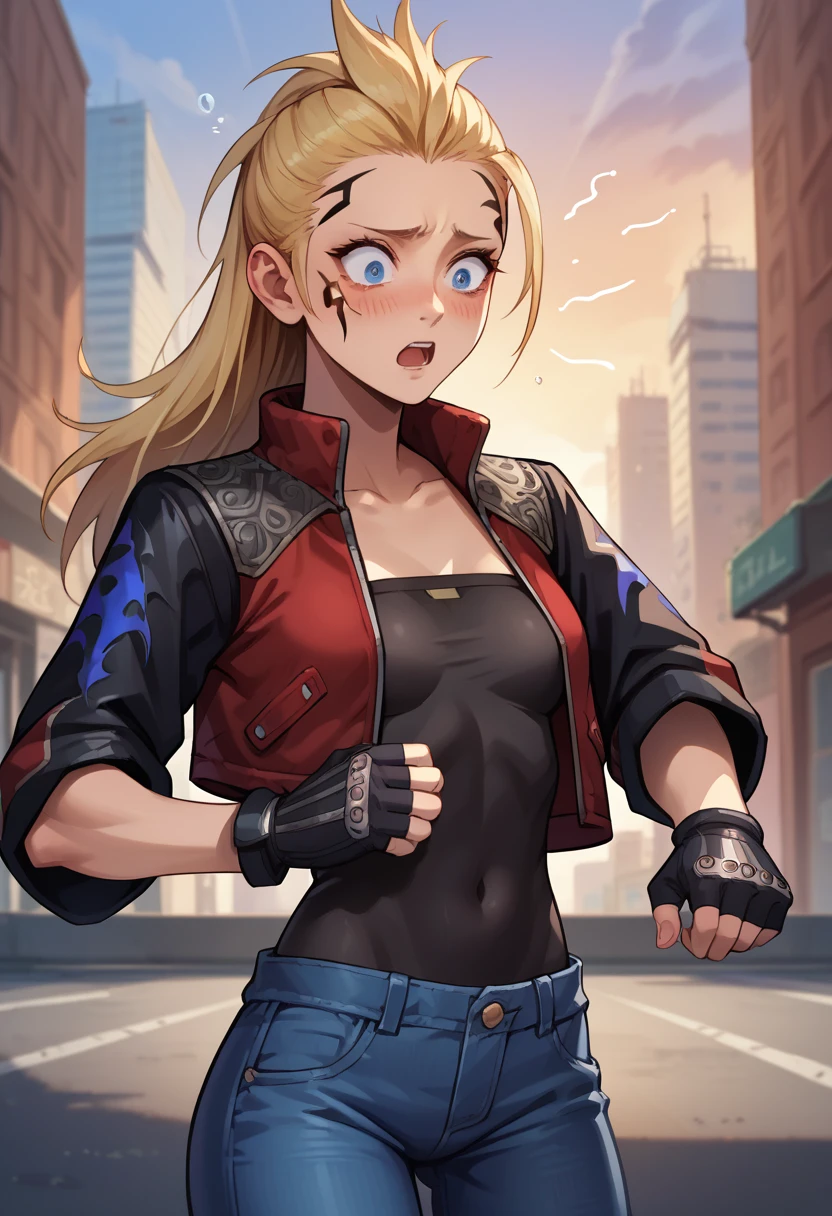 score_9, score_8_up, score_7_up, 1girl, solo, zell, (small breasts), slender body, solo, blue eyes, gloves, jacket, blonde hair,  long hair, tattoo, gloves, facial tattoo, red jacket, black jacket, two-colours jacket, black shirt, fingerless gloves, denim, standing, stiff hands, shocked face, blushing, nervous, shaking, open mouth, hands on breasts, looking down, city,