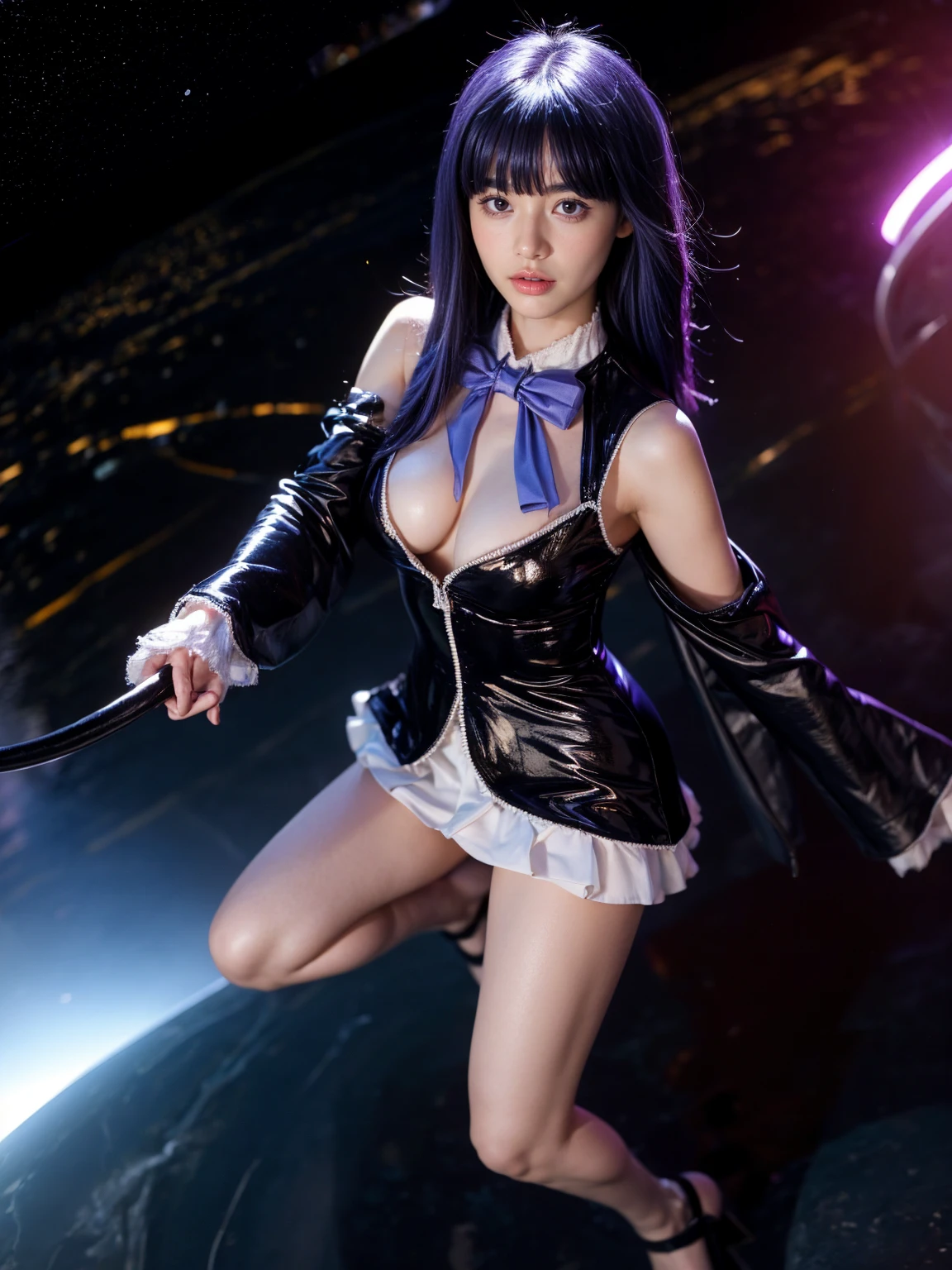 (1 lady), (Best quality at best:1.4), (ultra - detailed), (extremely detailed CG unified 16k), A Beautiful Woman with Perfect Figure: 1.4, Sharp Focus: 1.2, purple hair, very detailed, High-definition RAW color photo, professional photoshooting, amazing face and eyes, cosmetics, (amazingly beautiful girl), ((frederica bernkastel)), ((exact clothes: dress, bowtie, mary janes, socks, cat tail, tail bow, tail ornament)), levitating in a cute posture, (floating in space), (She's levitating in a cosmic sea, outer space:1.3, quantum hyperspace room lacking walls, hyperspace chamber, extremely detailed background, a lot of details background, realistic background), (look from above), realistic cinematic face, head to feet long wide zoomed out view, full body long view, photorealistic, ((realistic natural purple hair style, purple eyes)), gorgeous, extremely beautiful face, perfect model beauty, pout mouth, Highly Detailed Face and Skin Texture, Detailed Eyes, Double Eyelids, Big Breasts, Expressionless, (masterpiece), best quality, high resolution, extremely detailed, cinematic lighting, amazing legs, high heels, clear and well-cared skin, pale skin