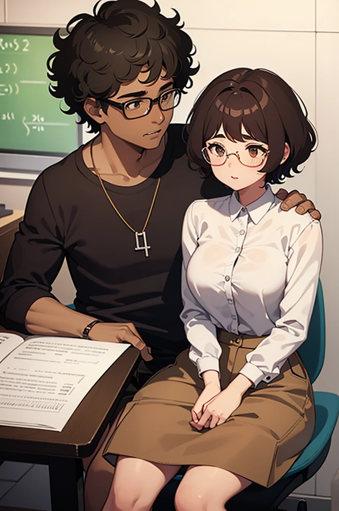 brown skin girl, gorda, very curly and short hair, Glasses, Brown eyes, short, of 14 years, next to his math teacher kissing